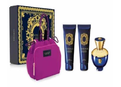 Estuche Versace Dylan Blue Mujer 4pz  90ml EDP+Gel De Baño+Crema+Cosmetiquera
